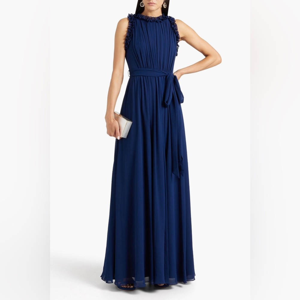 Badgley Mischka Pleated Gown with Ruffle Trim (Navy Size 4)